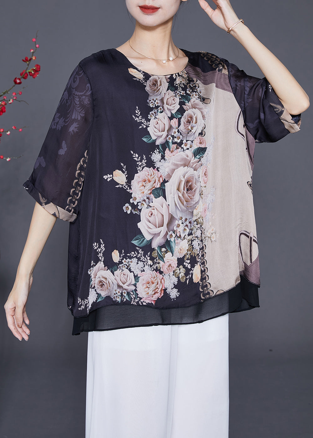 Black Oversized Print Chiffon Fake Two Piece Blouse Tops Summer