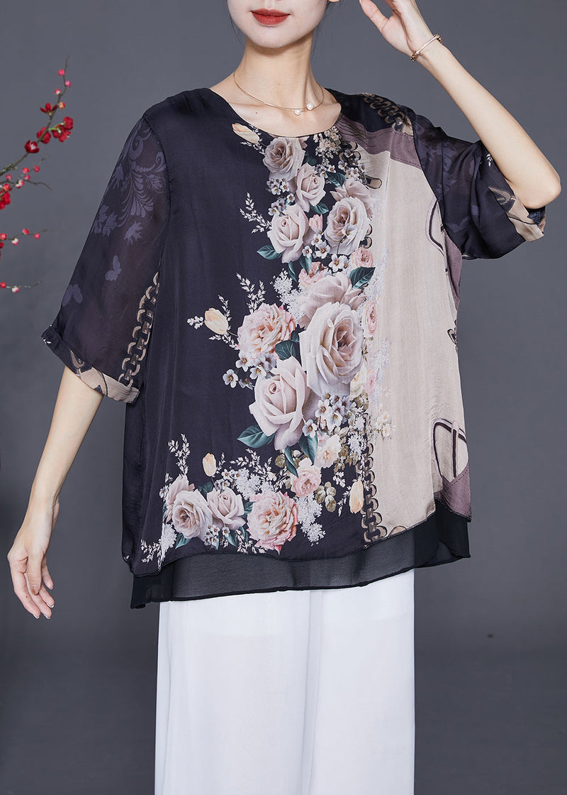 Black Oversized Print Chiffon Fake Two Piece Blouse Tops Summer