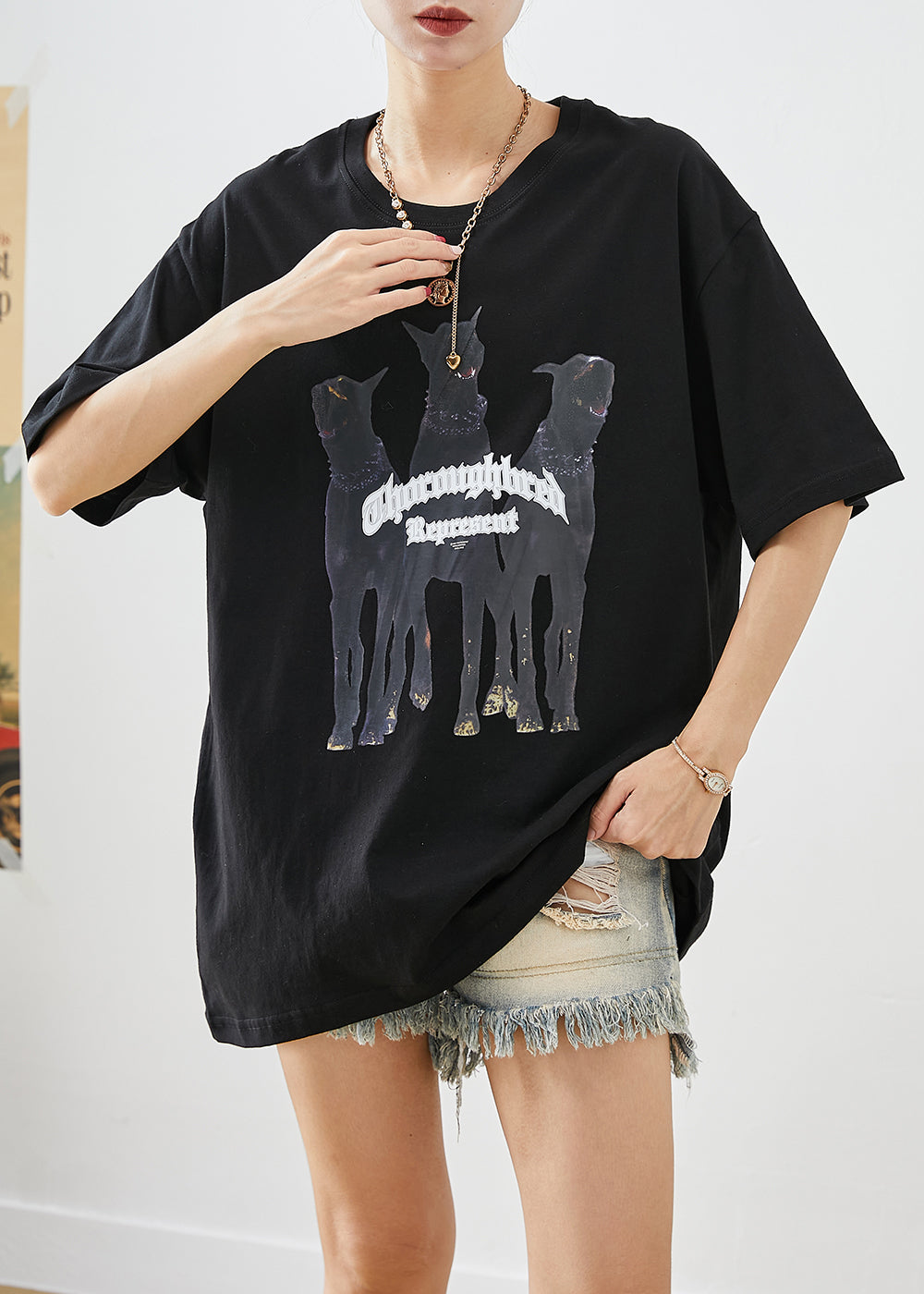 Black Oversized Print Cotton Tops Summer