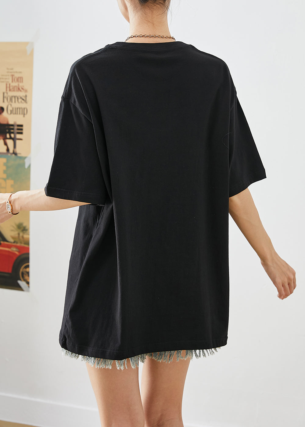 Black Oversized Print Cotton Tops Summer