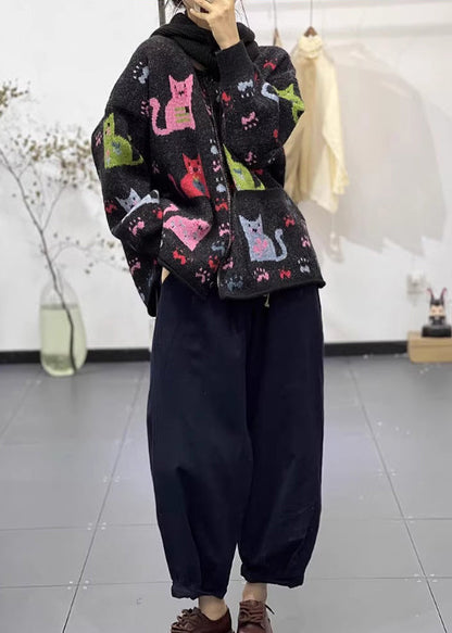 Black Oversized Print Denim Knit Jackets Spring