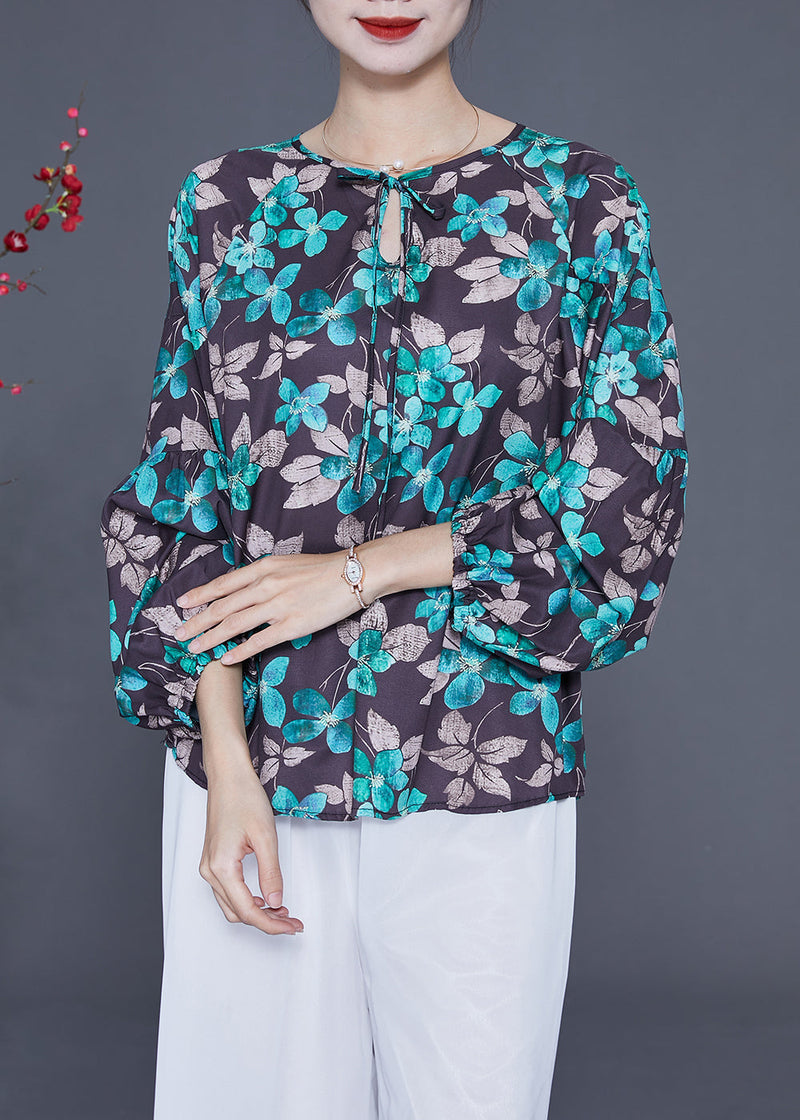Black Oversized Print Lace Up Silk Top Spring