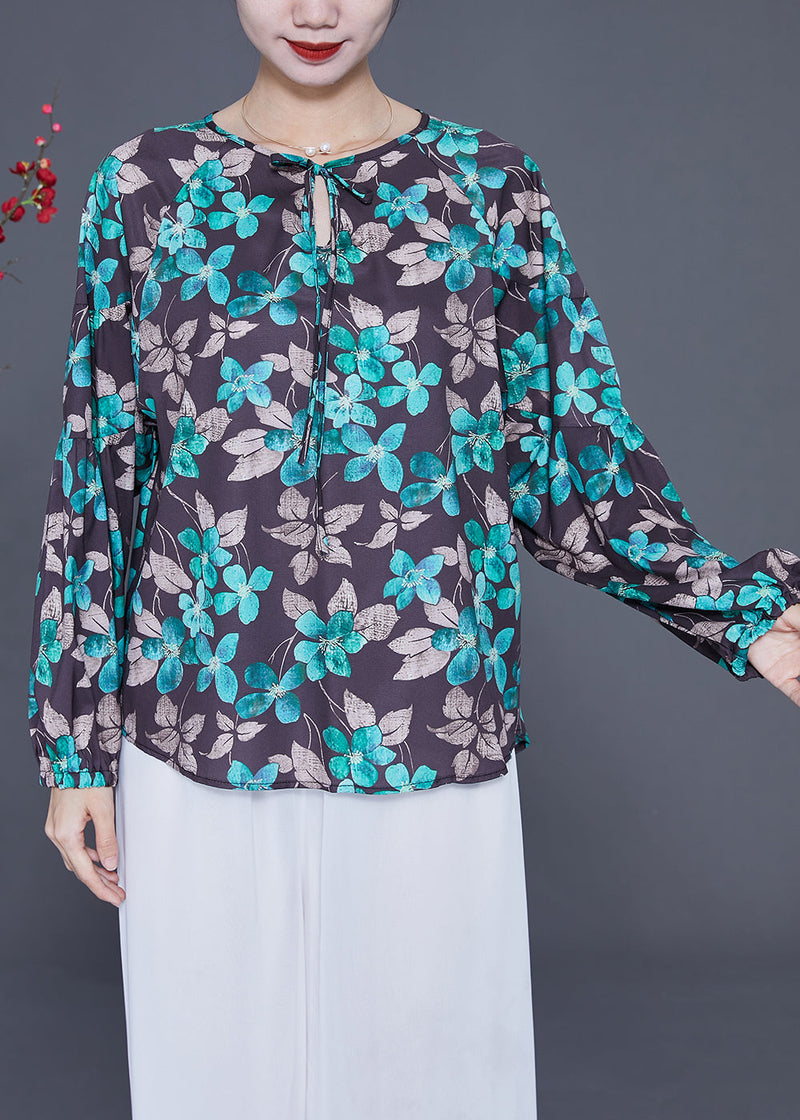 Black Oversized Print Lace Up Silk Top Spring