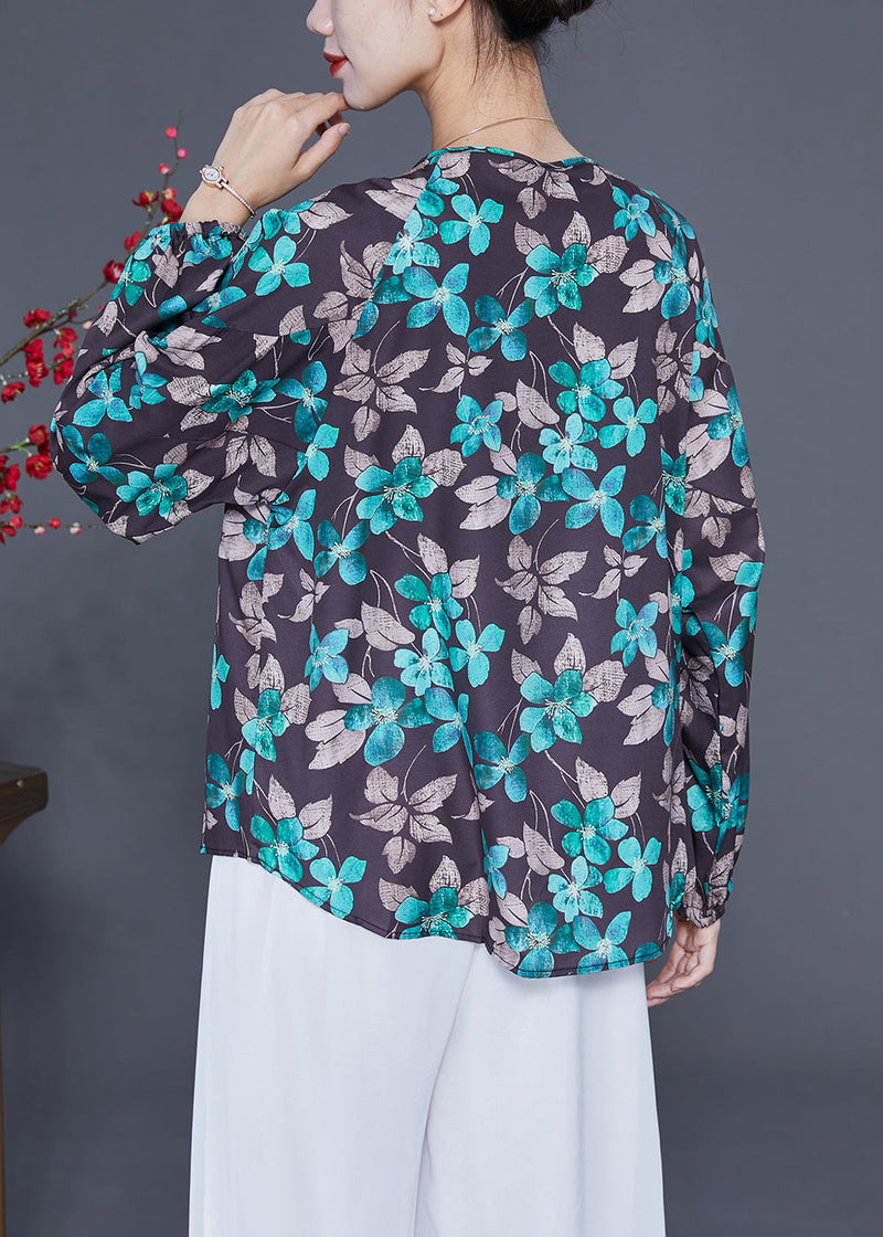 Black Oversized Print Lace Up Silk Top Spring