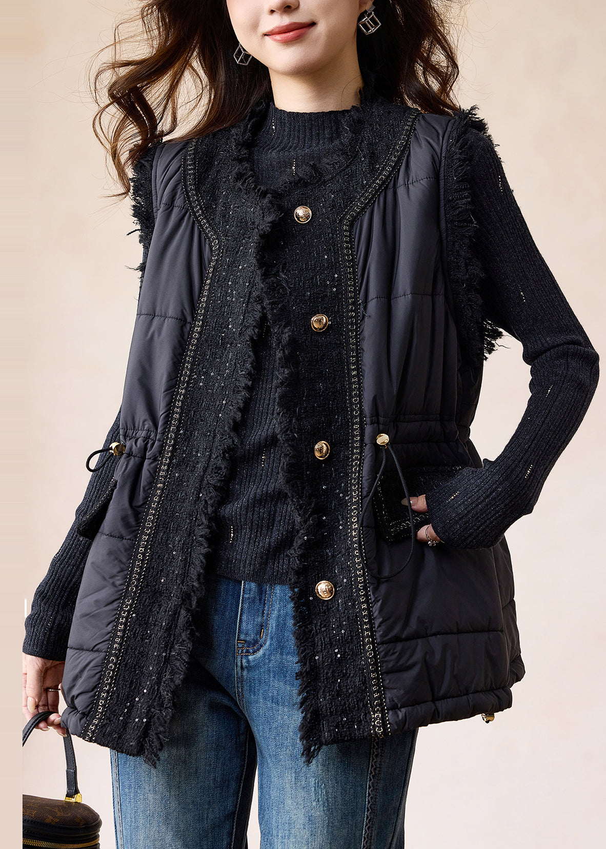 Black Patchwork Fine Cotton Filled Vests Winter
