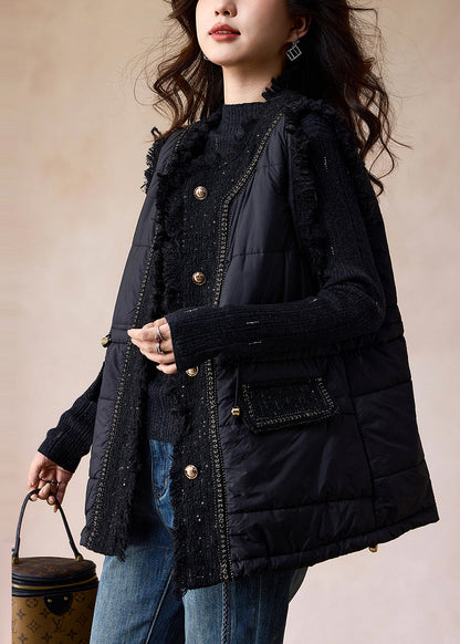 Black Patchwork Fine Cotton Filled Vests Winter