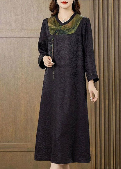 Black Patchwork Jacquard Silk Long Dress Fall