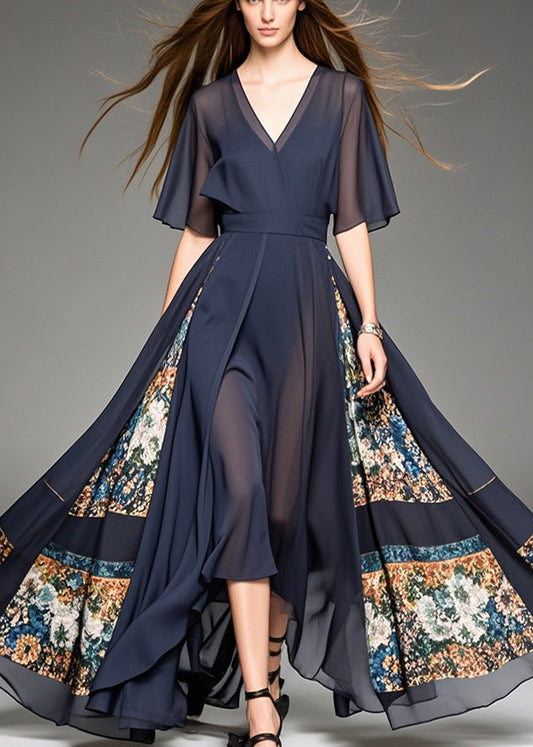 Black Patchwork Print Chiffon Long Dresses Cinched Summer