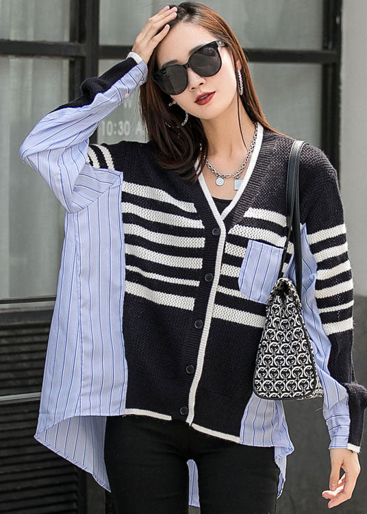 Black Patchwork Striped Button Asymmetrical Design Fall Long Sleeve Top