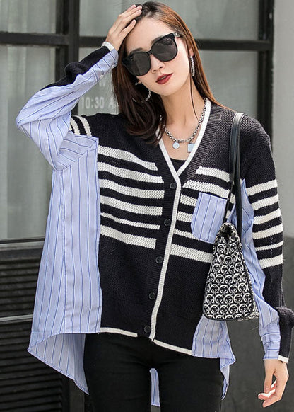 Black Patchwork Striped Button Asymmetrical Design Fall Long Sleeve Top