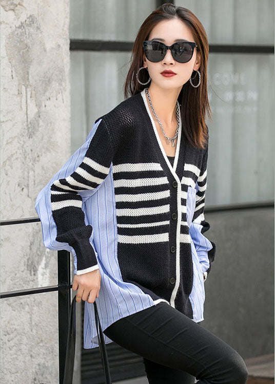 Black Patchwork Striped Button Asymmetrical Design Fall Long Sleeve Top