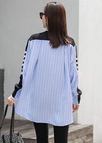 Black Patchwork Striped Button Asymmetrical Design Fall Long Sleeve Top