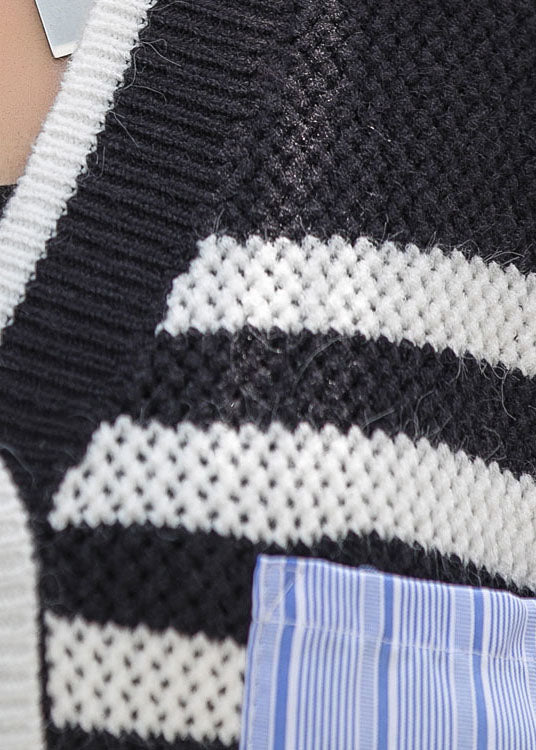Black Patchwork Striped Button Asymmetrical Design Fall Long Sleeve Top