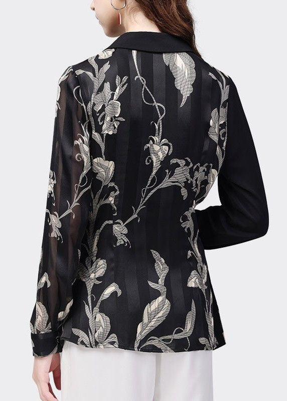 Black Peter Pan Collar Patchwork Print Chiffon Shirt Top Spring