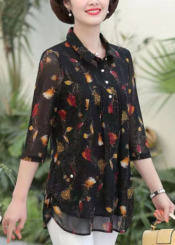 Black Peter Pan Collar Print Patchwork Silk Shirts Top Summer