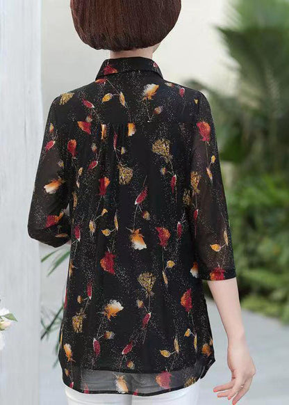 Black Peter Pan Collar Print Patchwork Silk Shirts Top Summer