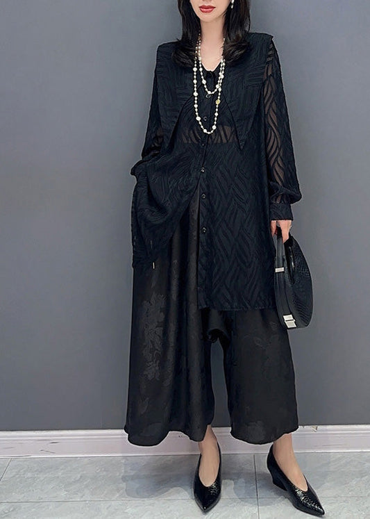 Black Print Button Chiffon Shirts and Wide Leg Pants Two Pieces Set Summer