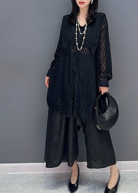 Black Print Button Chiffon Shirts and Wide Leg Pants Two Pieces Set Summer