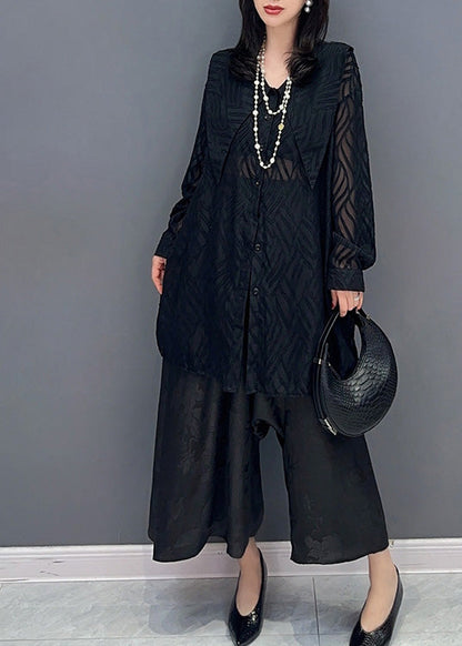 Black Print Button Chiffon Shirts and Wide Leg Pants Two Pieces Set Summer