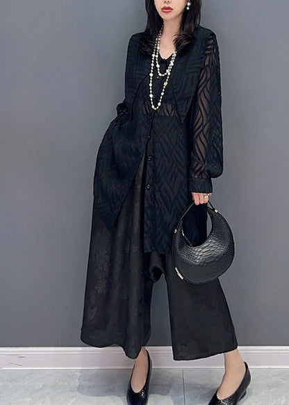 Black Print Button Chiffon Shirts and Wide Leg Pants Two Pieces Set Summer