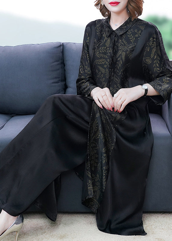 Black Print Button Silk Long Shirts and Wide Leg Pants Two Piece Set Long Sleeve