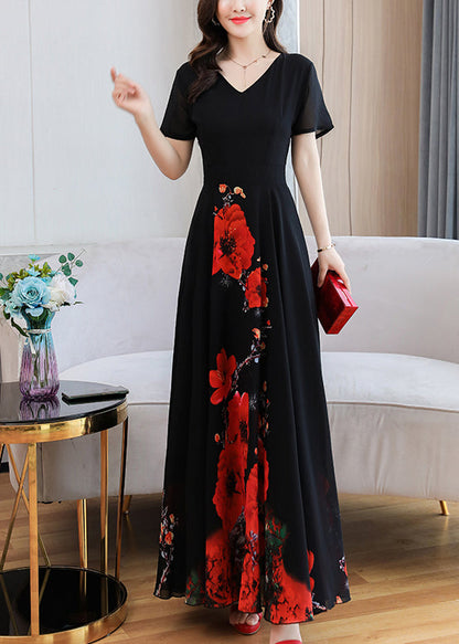 Black Print Chiffon Maxi Holiday Dress Summer
