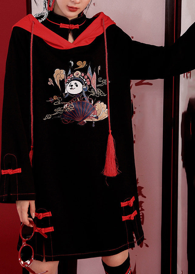 Black Print Drawstring Button Hooded Mid Dresses Long Sleeve
