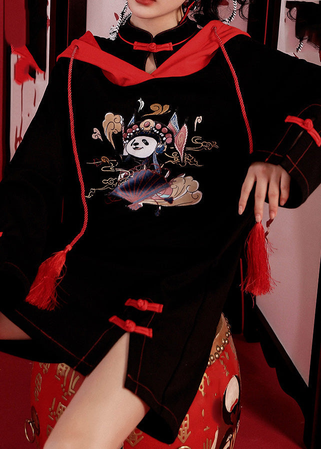 Black Print Drawstring Button Hooded Mid Dresses Long Sleeve