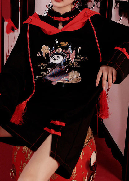 Black Print Drawstring Button Hooded Mid Dresses Long Sleeve