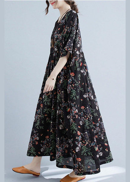 Black Print O-neck Patchwork Summer Robe Dresses Half Sleeve
