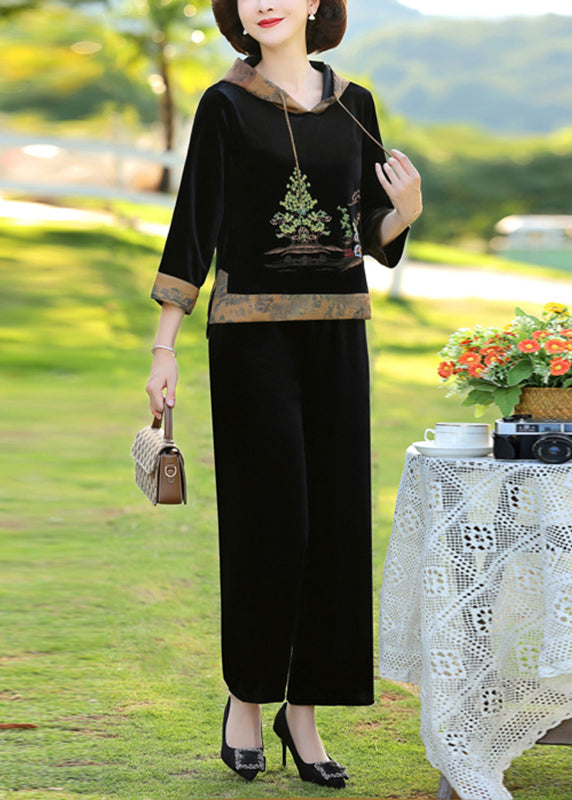 Black Print Patchwork Hooded Silk Velour Top and Wide Leg Pants Two Pieces Set Fall