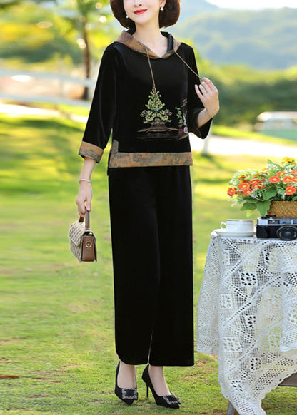 Black Print Patchwork Hooded Silk Velour Top and Wide Leg Pants Two Pieces Set Fall