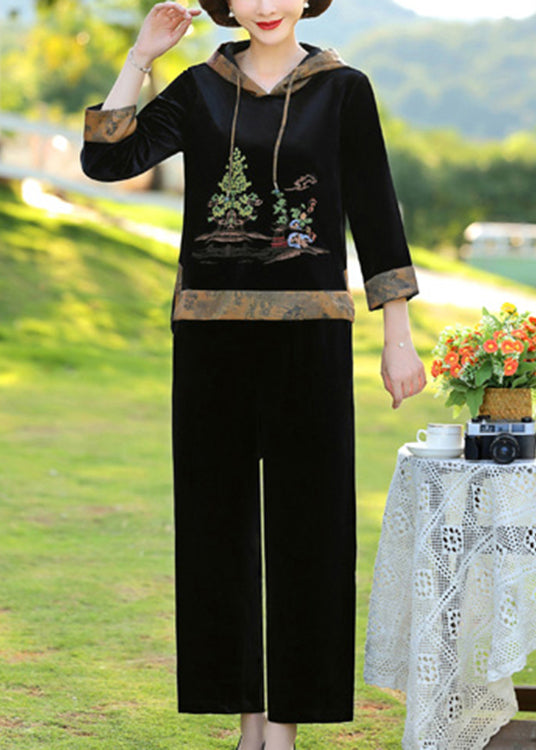 Black Print Patchwork Hooded Silk Velour Top and Wide Leg Pants Two Pieces Set Fall