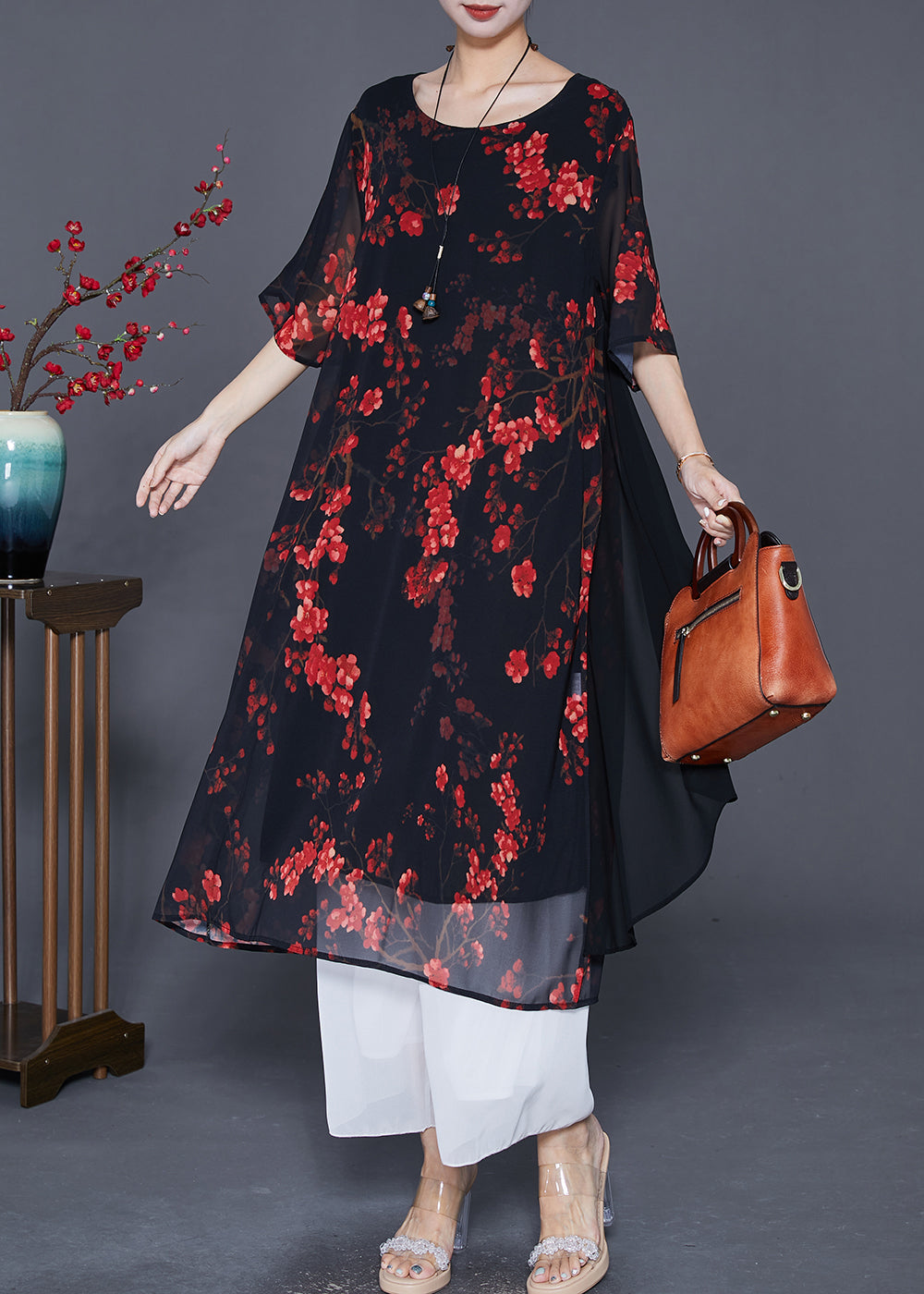 Black Print Patchwork Ruffles Chiffon Dresses Summer