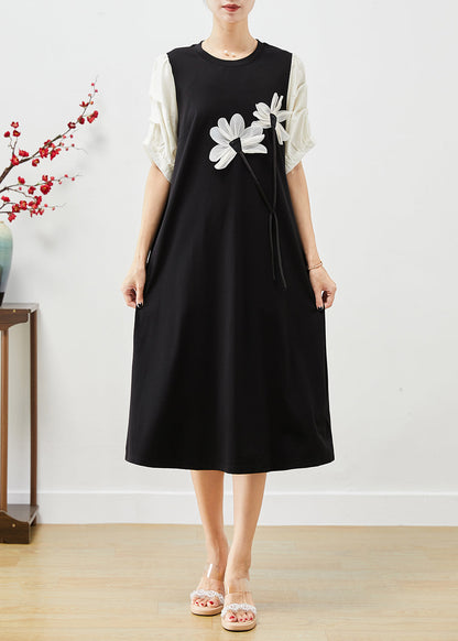 Black Puff Sleeve Patchwork Applique Spandex Dress