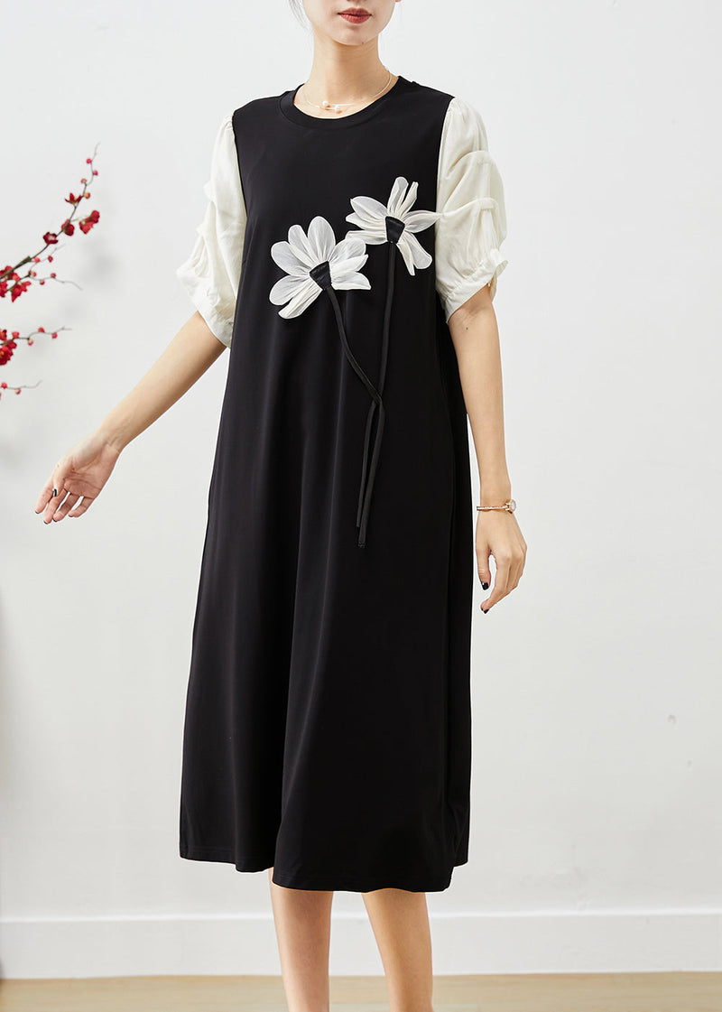 Black Puff Sleeve Patchwork Applique Spandex Dress