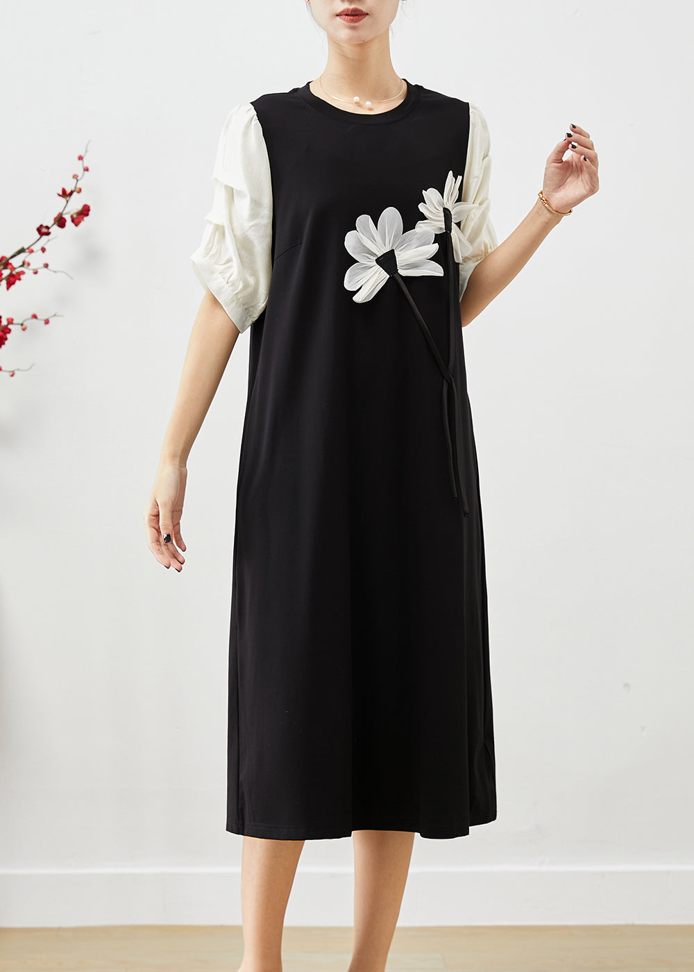 Black Puff Sleeve Patchwork Applique Spandex Dress