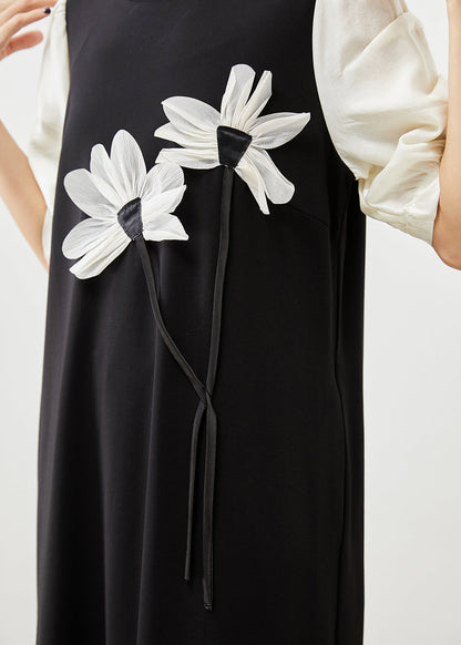 Black Puff Sleeve Patchwork Applique Spandex Dress