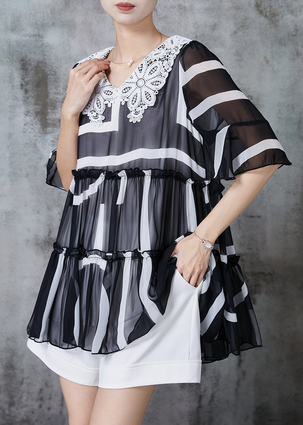 Black Ruffled Patchwork Chiffon Tank Summer