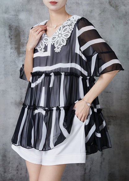 Black Ruffled Patchwork Chiffon Tank Summer