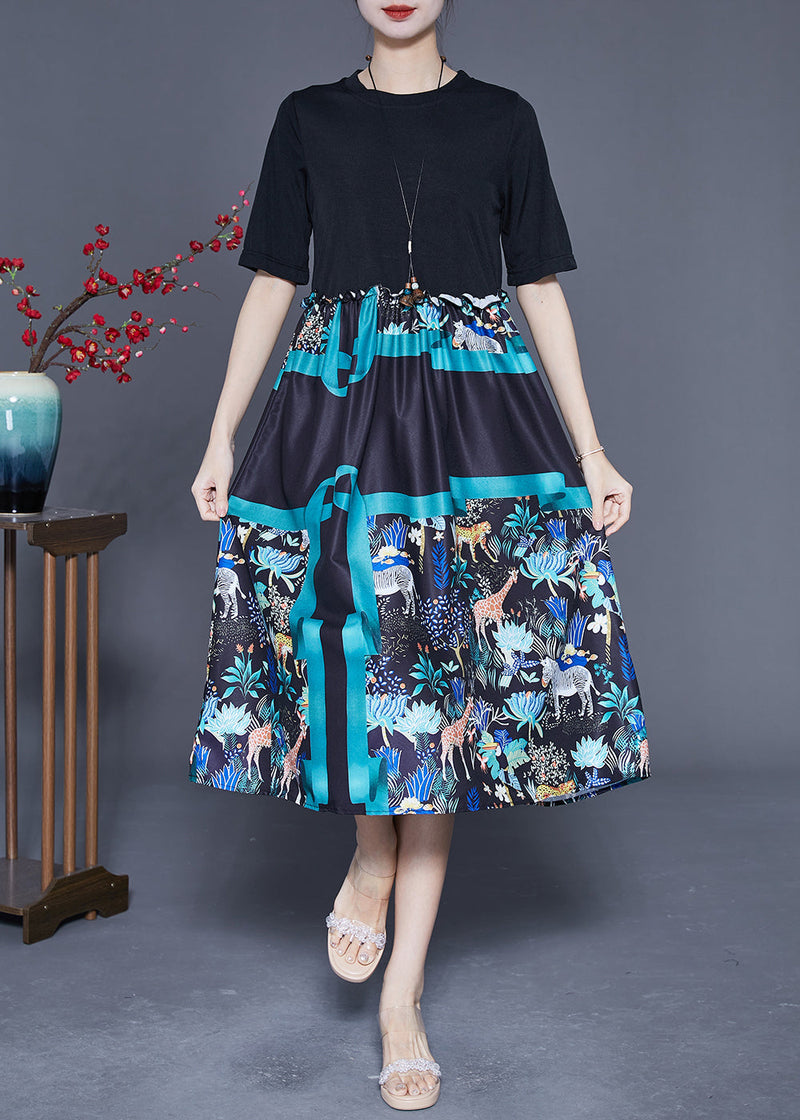 Black Ruffled Patchwork Print Cotton Dress Summer