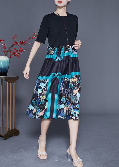 Black Ruffled Patchwork Print Cotton Dress Summer