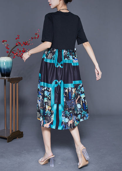 Black Ruffled Patchwork Print Cotton Dress Summer