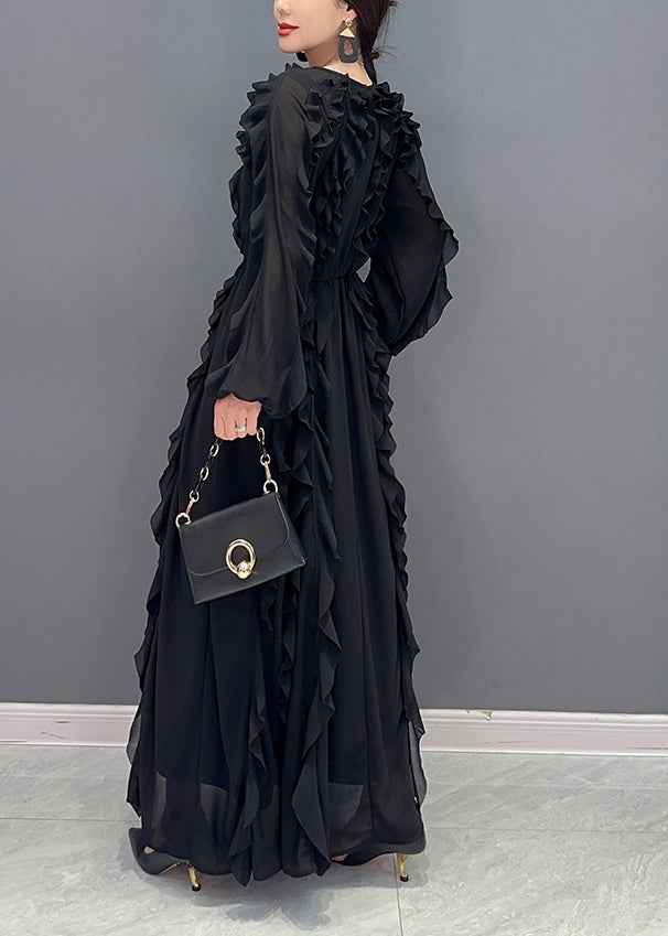 Black Ruffles Cinched Chiffon Maxi Dresses Spring