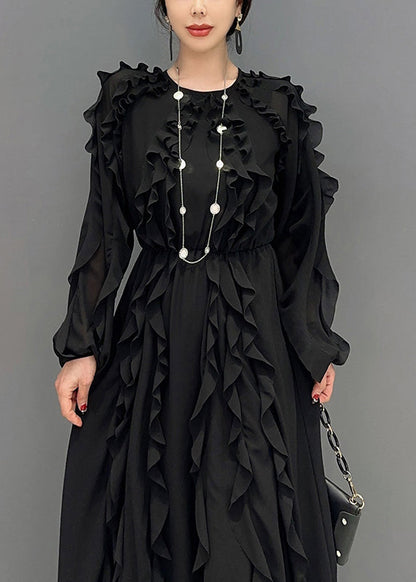 Black Ruffles Cinched Chiffon Maxi Dresses Spring
