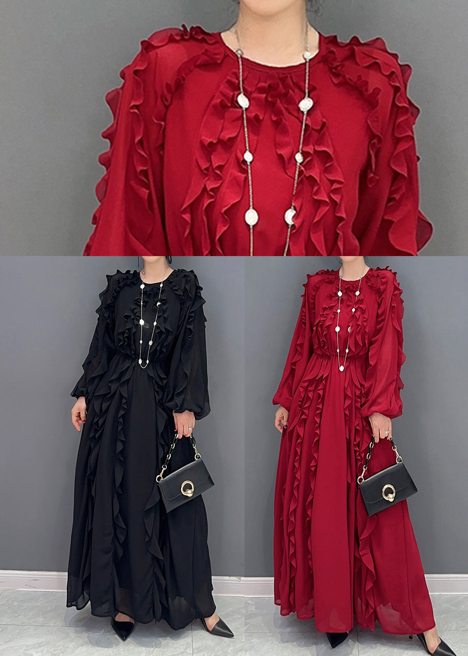 Black Ruffles Cinched Chiffon Maxi Dresses Spring