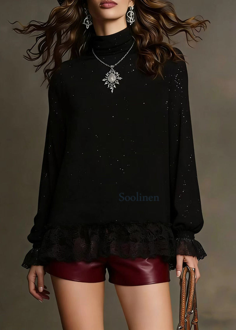 Black Sequins Lace Patchwork Knit Blouses Spring