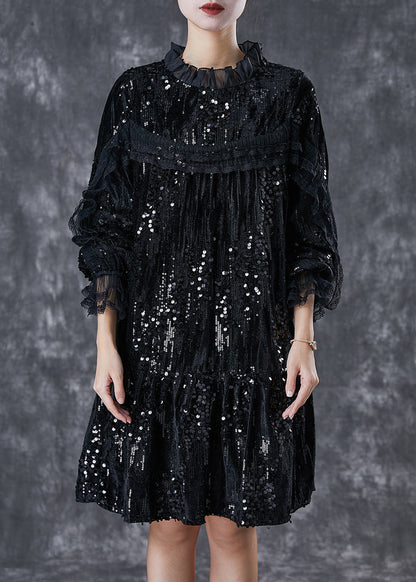 Black Sequins Patchwork Velour Mid Dresses Spring