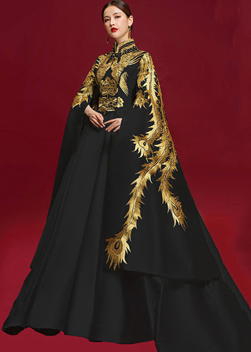 Black Stand Collar Embroidered Patchwork Silk Vacation Dresses Fall