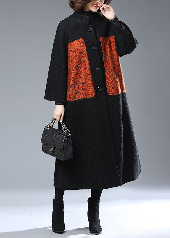 Black Stand Collar Oversized Print Woolen Coats Winter